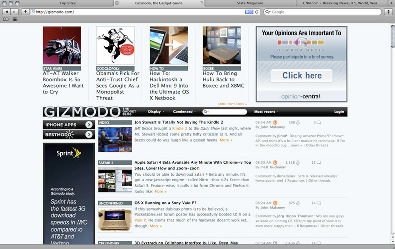Illustration for article titled Apple Safari 4 Beta Available Now: Top Sites, Cover Flow and Nitro